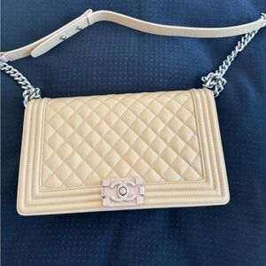 Chanel Cream Quilted Patent Leather Large Boy Bag